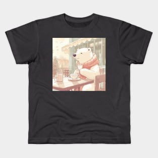 Polar Bear at Cafe, Kawaii, French Style, Coffee, Tea Kids T-Shirt